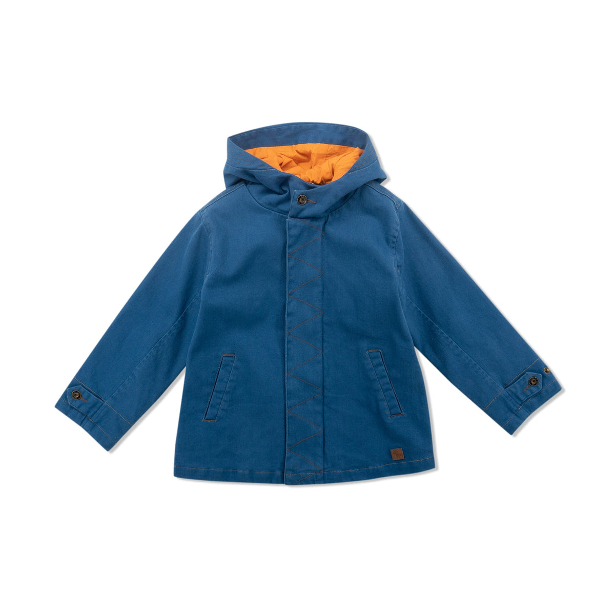 Blue hooded coat, Long sleeves, Adjustable hoodie, double fastened from the front by a zipper and snap buttons. 