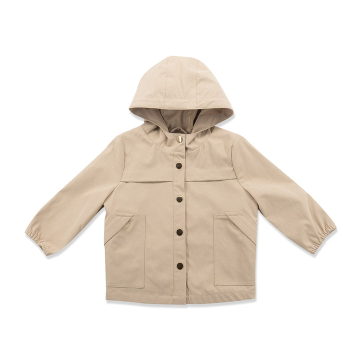 Hooded Light khaki jacket, two front pockets, golden snap buttons at the front. Elasticated cuffs. 