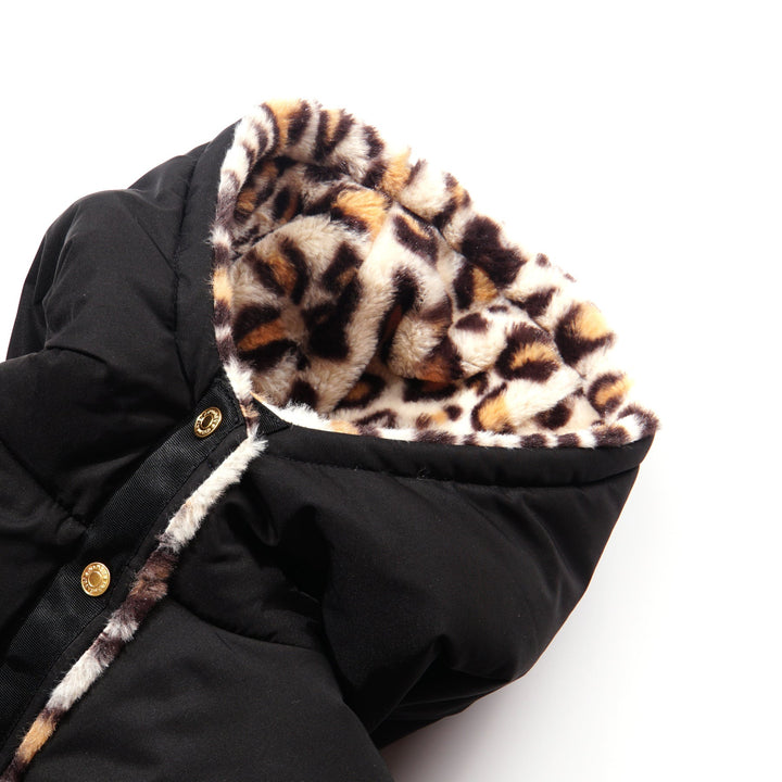 Black & Cheetah Print Jacket, Faux Fur Lining, Golden Snap Buttons, Padded Jacket. 