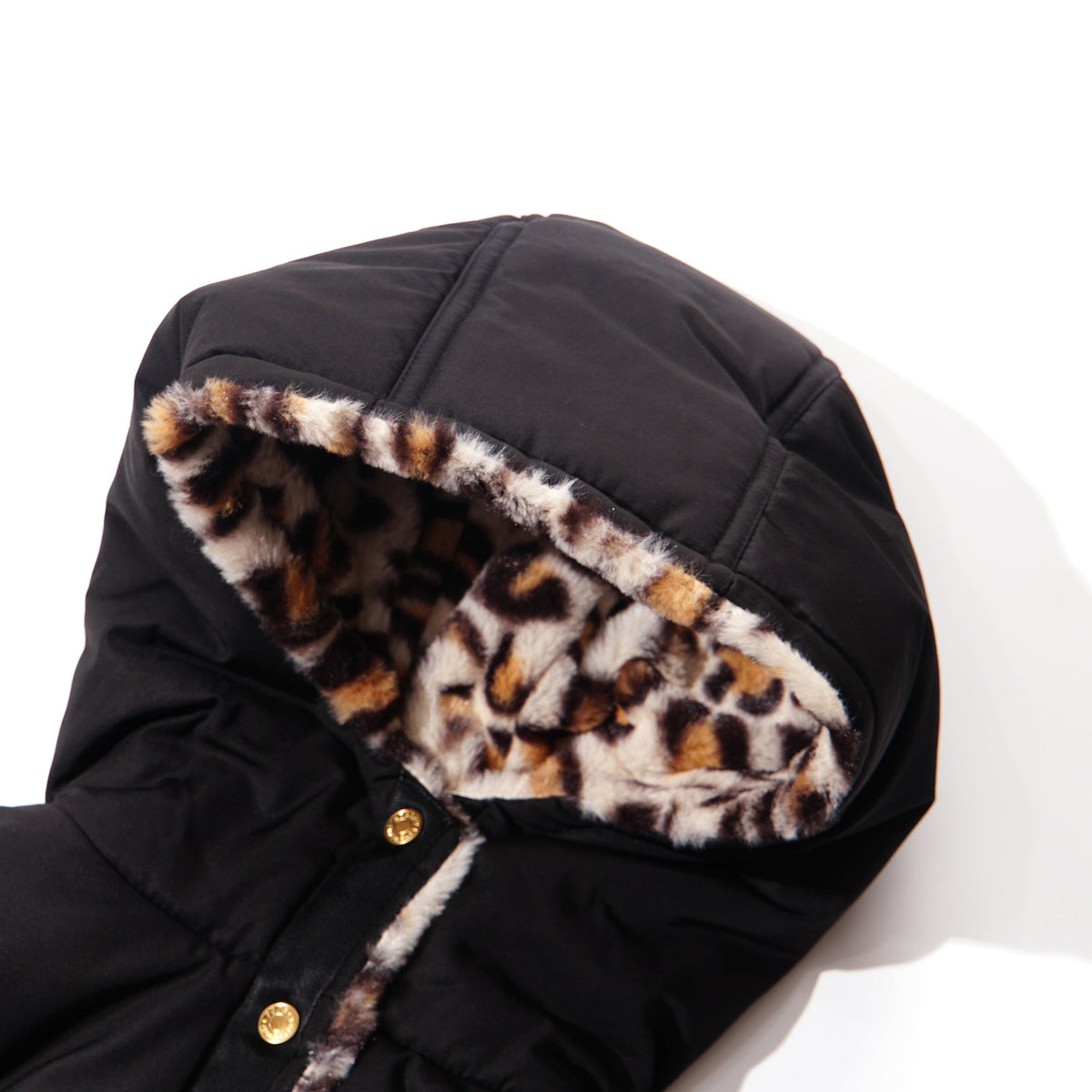 Black & Cheetah Print Jacket, Faux Fur Lining, Golden Snap Buttons, Padded Jacket. 