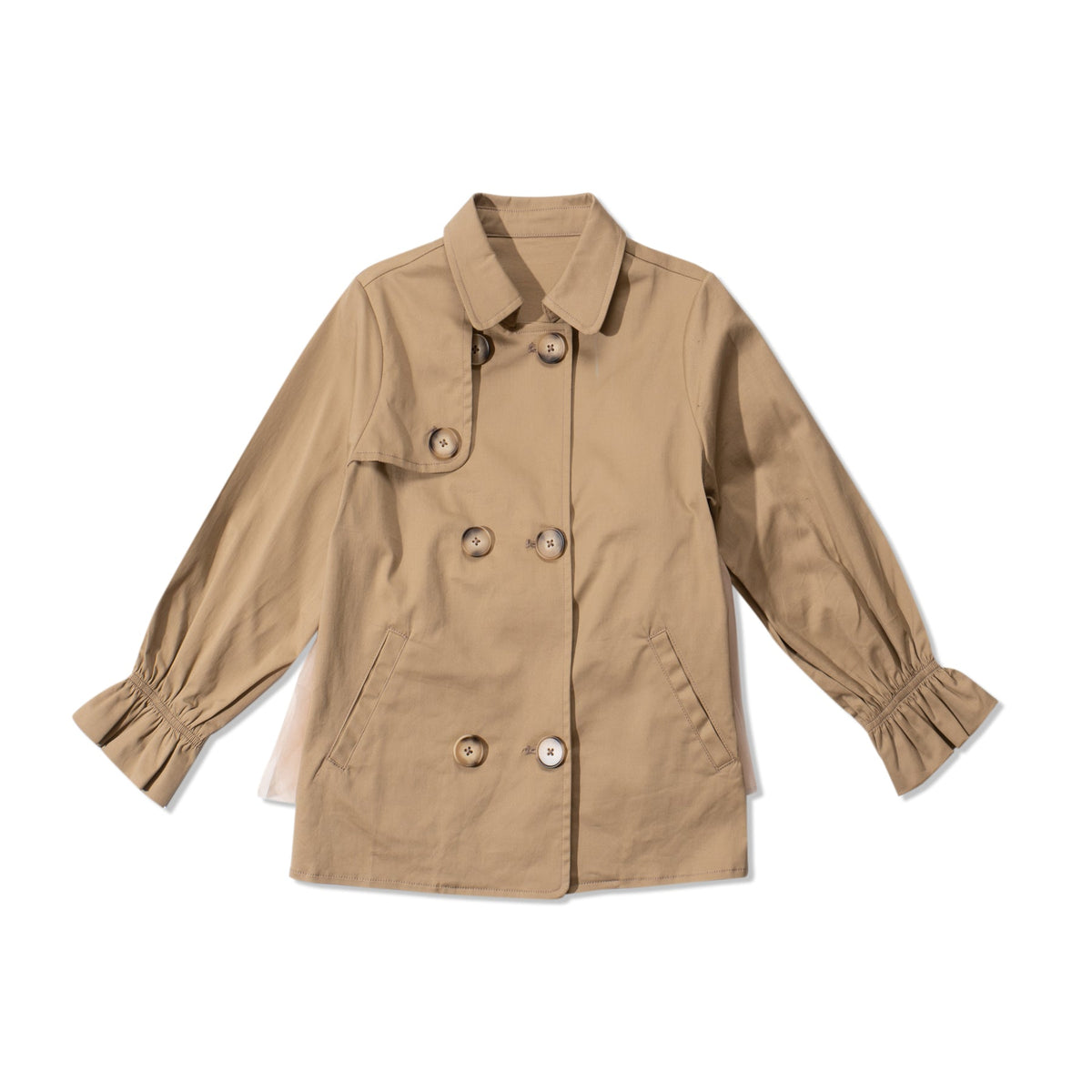 A trench coat, with a pink tutu sewn at the back. Two pockets are at the front and a buttoned panel on the upper left corner. Fastened from the front with faded dark/light brown coat buttons. 