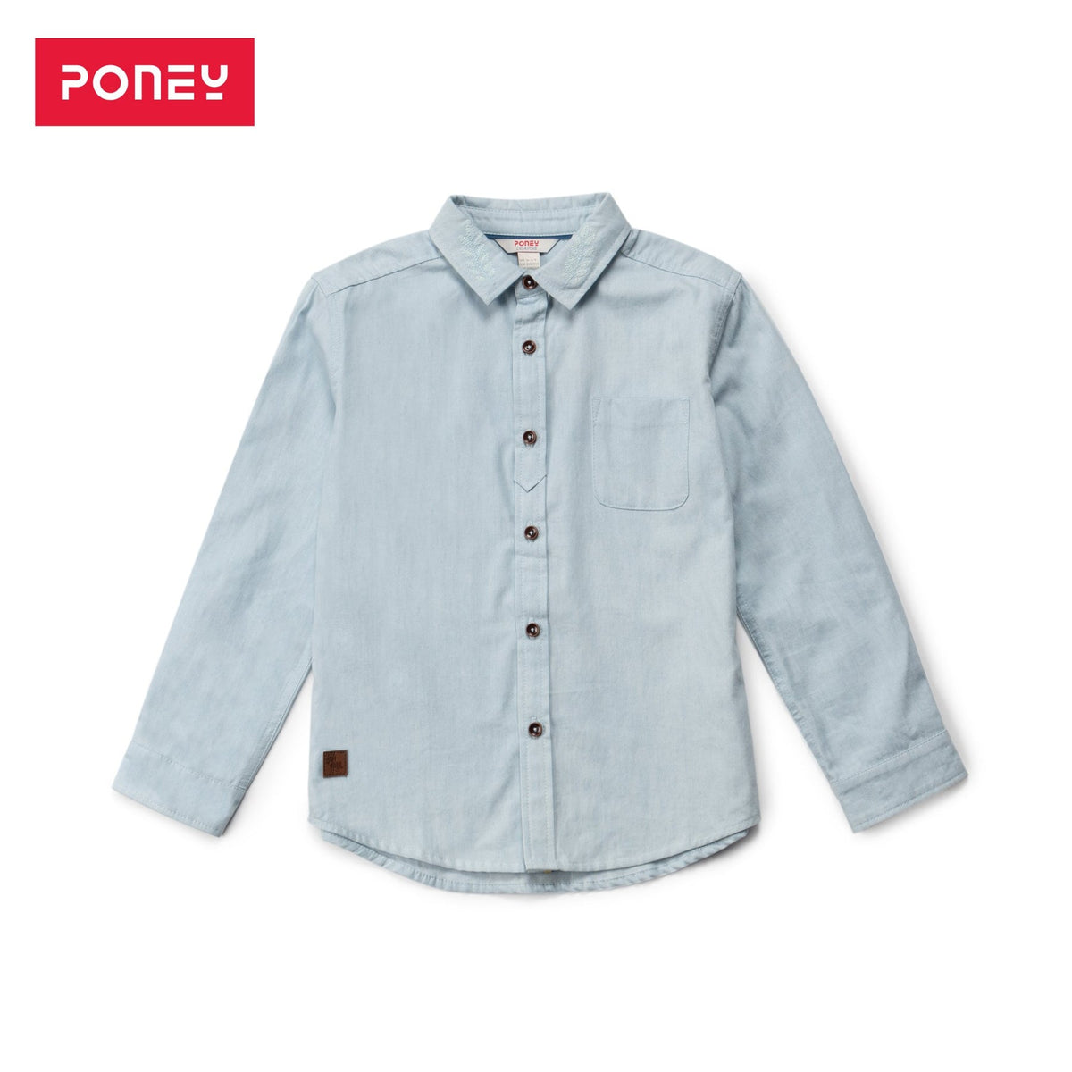 Casual denim shirt, embroidered spread collar, tie-up long sleeves. blue/yellow lining and a side pocket is given for convenience
