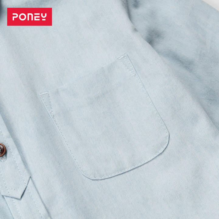 Casual denim shirt, embroidered spread collar, tie-up long sleeves. blue/yellow lining and a side pocket is given for convenience