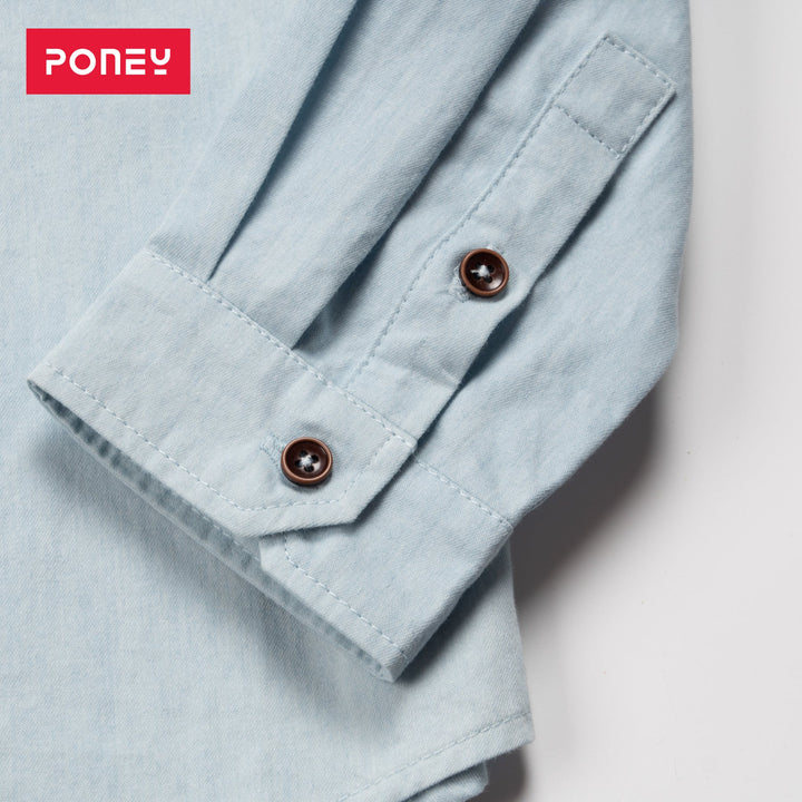 Casual denim shirt, embroidered spread collar, tie-up long sleeves. blue/yellow lining and a side pocket is given for convenience