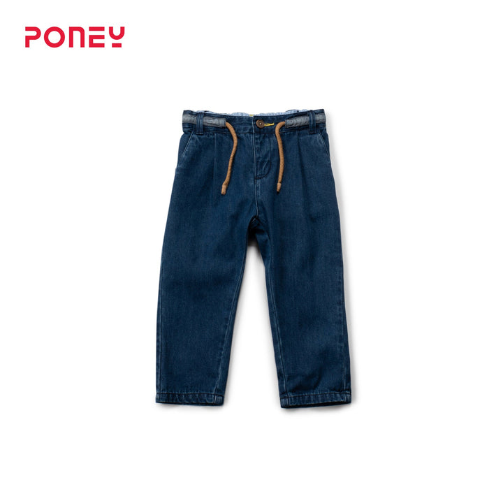Denim boys joggers, adjustable button on waist band, draw strings included. Logo tag attached at the back. 