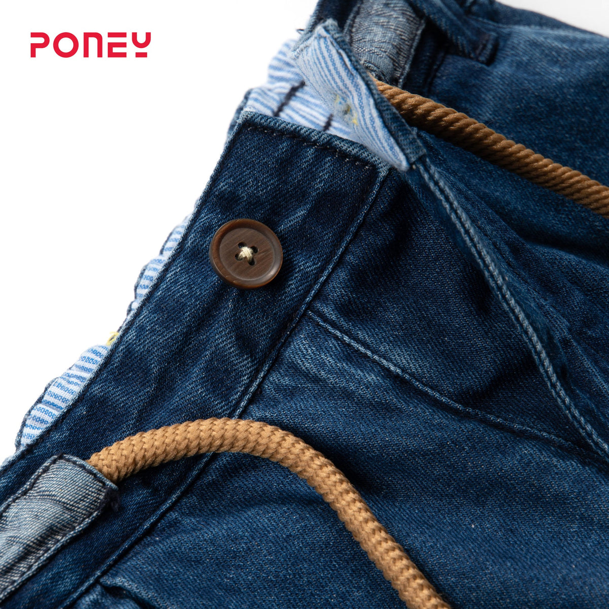 Denim boys joggers, adjustable button on waist band, draw strings included. Logo tag attached at the back. 