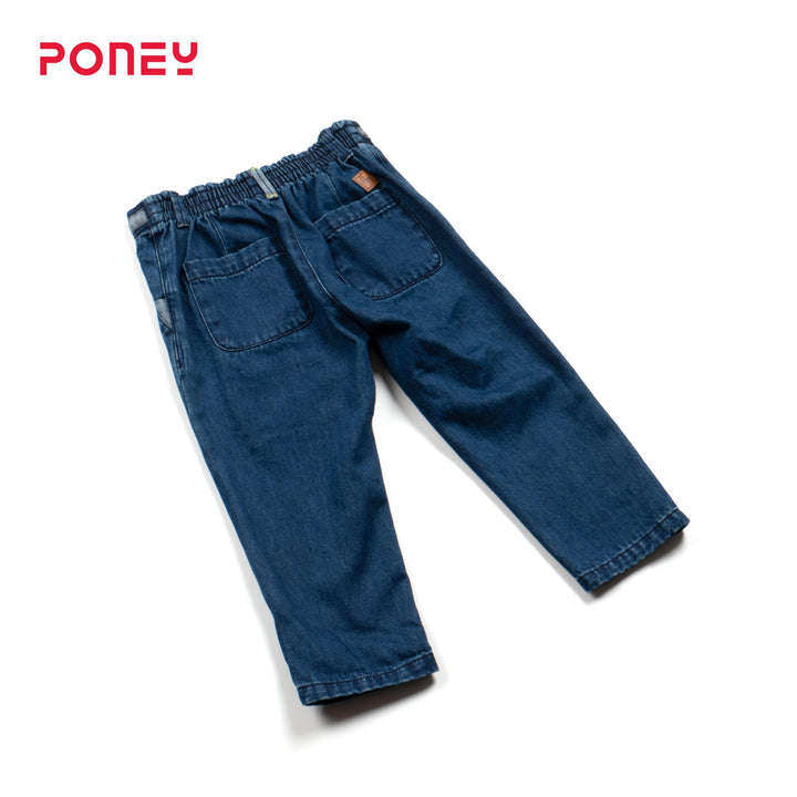 Denim boys joggers, adjustable button on waist band, draw strings included. Logo tag attached at the back. 