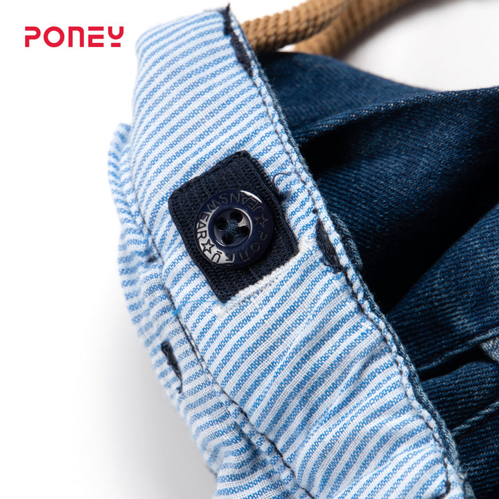 Denim boys joggers, adjustable button on waist band, draw strings included. Logo tag attached at the back. 