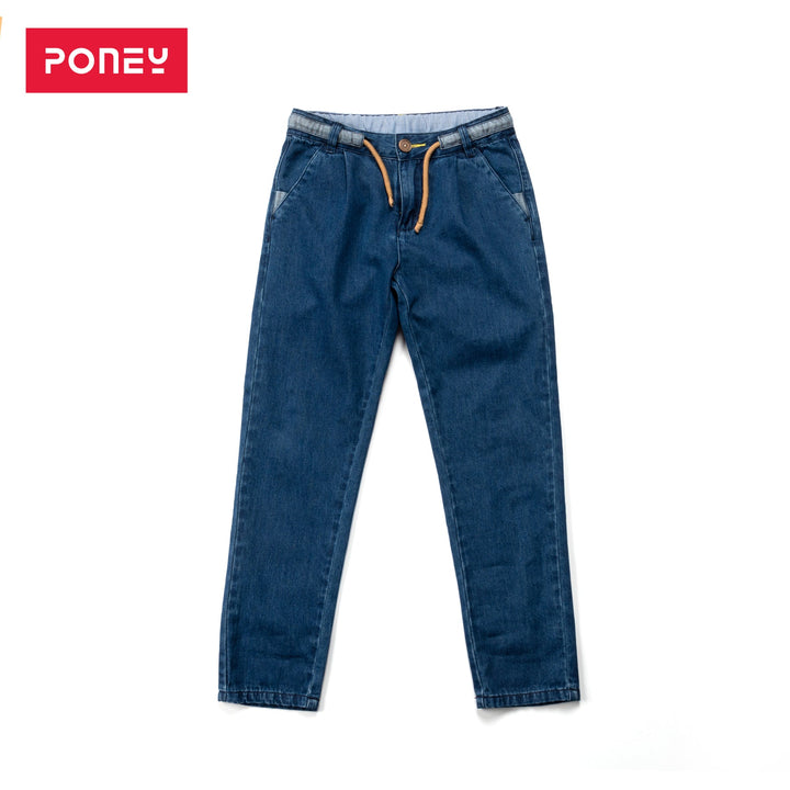 Denim boys joggers, adjustable button on waist band, draw strings included. Logo tag attached at the back. 