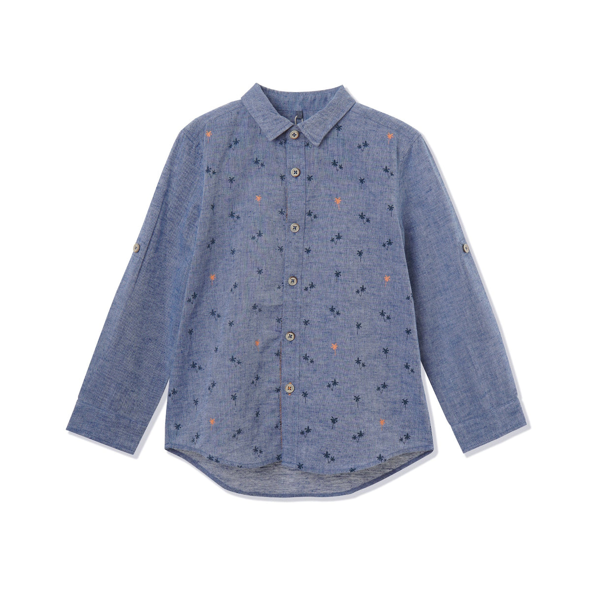 Greyish blue, long sleeve shirt, palm tree prints all over the front panels. Wide spread collar, buttoned front and cuffs. Poney logo embroidered. 