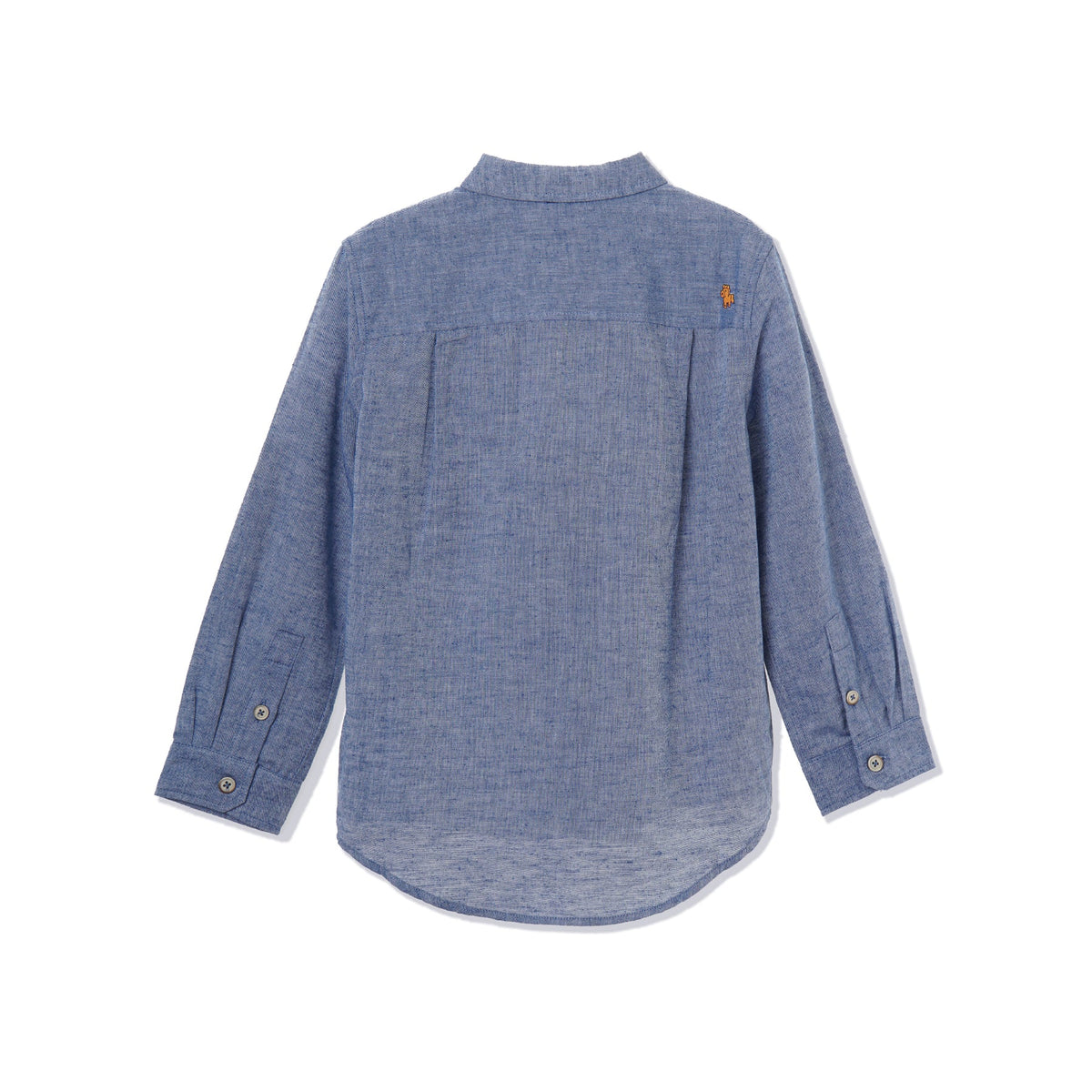 Greyish blue, long sleeve shirt, palm tree prints all over the front panels. Wide spread collar, buttoned front and cuffs. Poney logo embroidered. 
