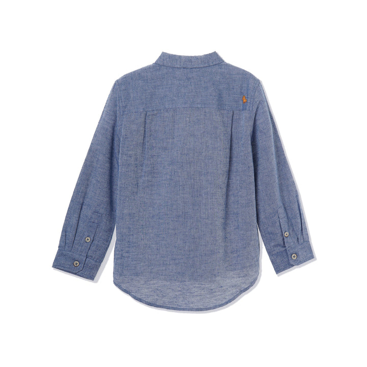 Greyish blue, long sleeve shirt, palm tree prints all over the front panels. Wide spread collar, buttoned front and cuffs. Poney logo embroidered. 