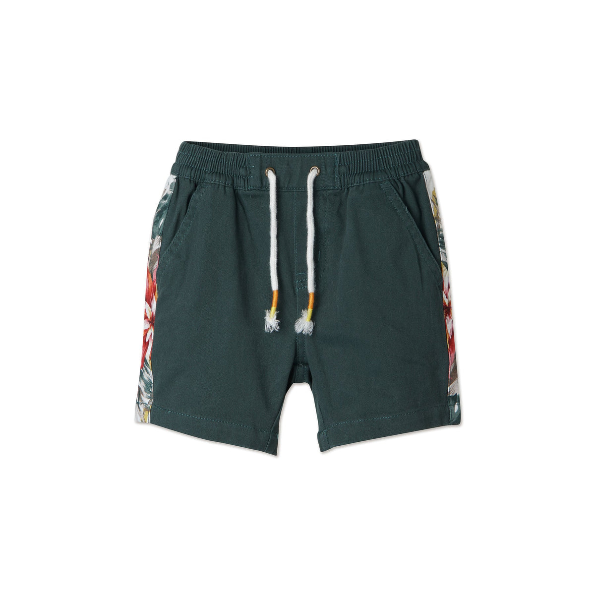 Green Shorts, Floral Side Stripes, Tacked functional fancy drawstrings, Poney Logo, One Pocket at the back.   