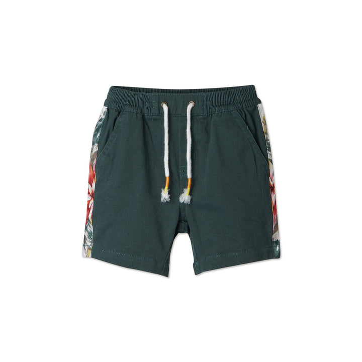 Green Shorts, Floral Side Stripes, Tacked functional fancy drawstrings, Poney Logo, One Pocket at the back.   