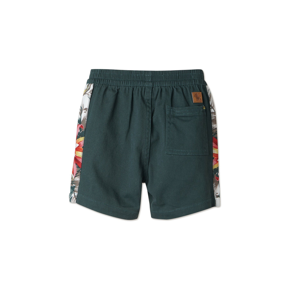 Green Shorts, Floral Side Stripes, Tacked functional fancy drawstrings, Poney Logo, One Pocket at the back.