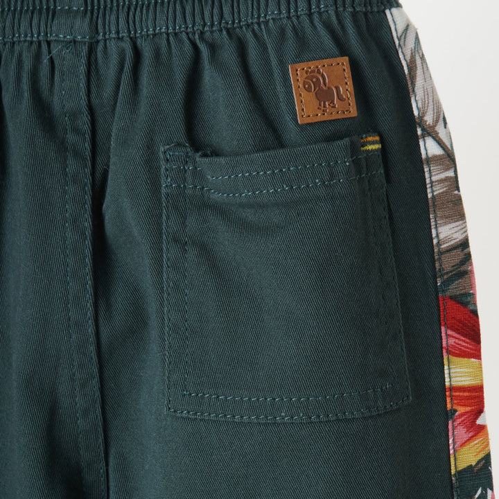 Green Shorts, Floral Side Stripes, Tacked functional fancy drawstrings, Poney Logo, One Pocket at the back.  