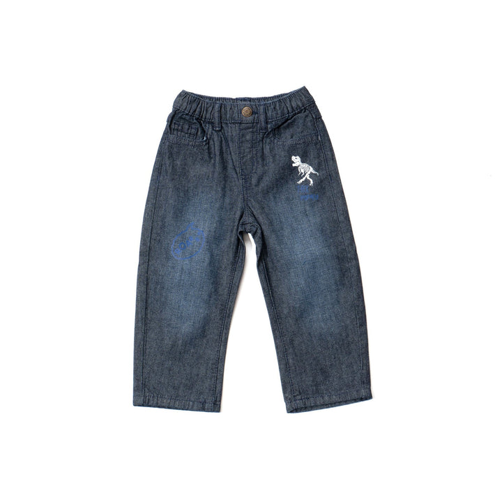 Elasticated dark blue jeans, skeletal dinosaur embroidered one leg front. Embossed caption on other leg front, metallic button fastening.