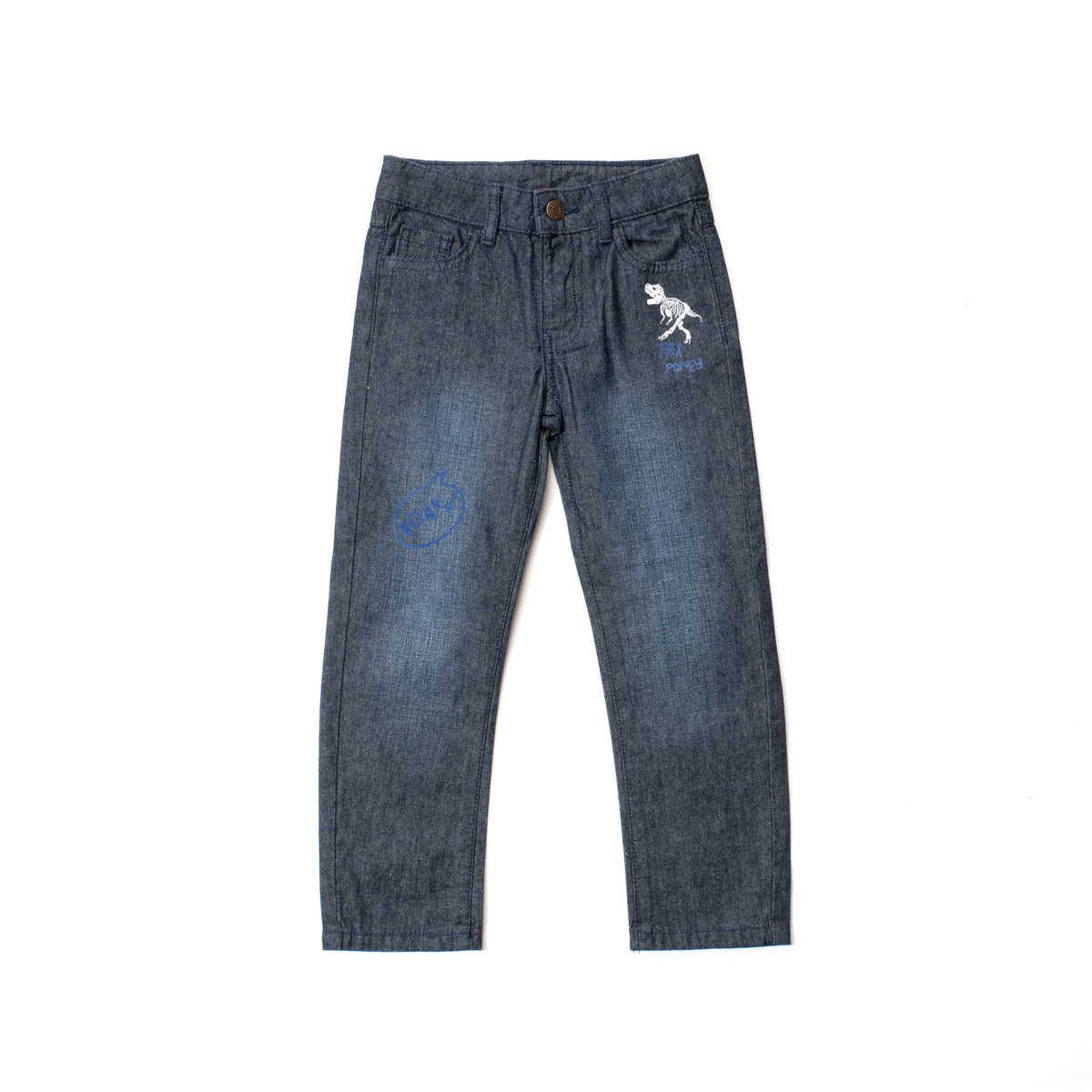 Elasticated dark blue jeans, skeletal dinosaur embroidered one leg front. Embossed caption on other leg front, metallic button fastening.