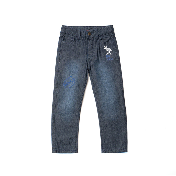 Elasticated dark blue jeans, skeletal dinosaur embroidered one leg front. Embossed caption on other leg front, metallic button fastening.