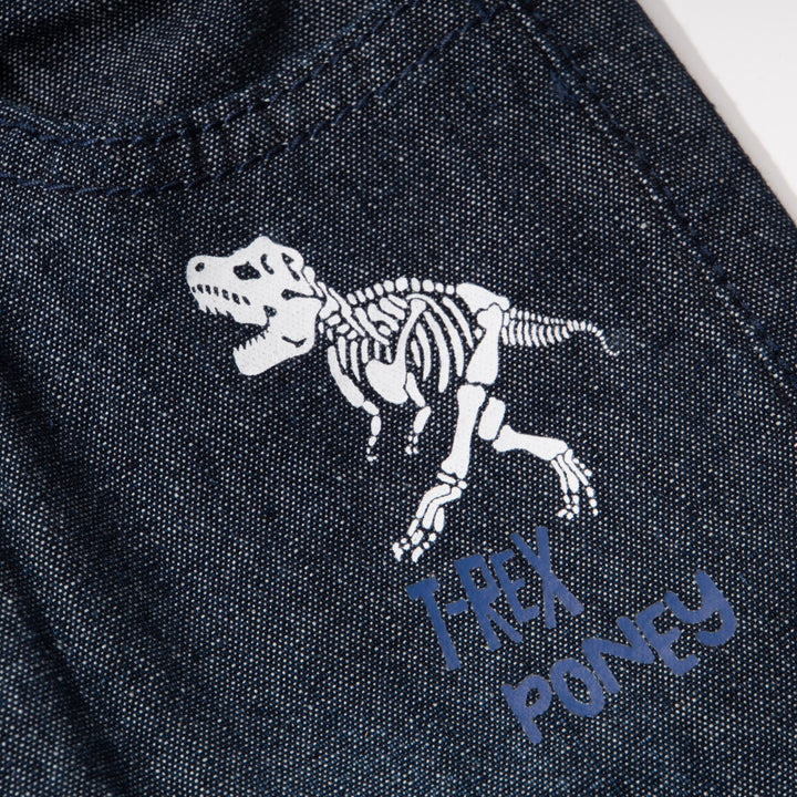 Elasticated dark blue jeans, skeletal dinosaur embroidered one leg front. Embossed caption on other leg front, metallic button fastening.