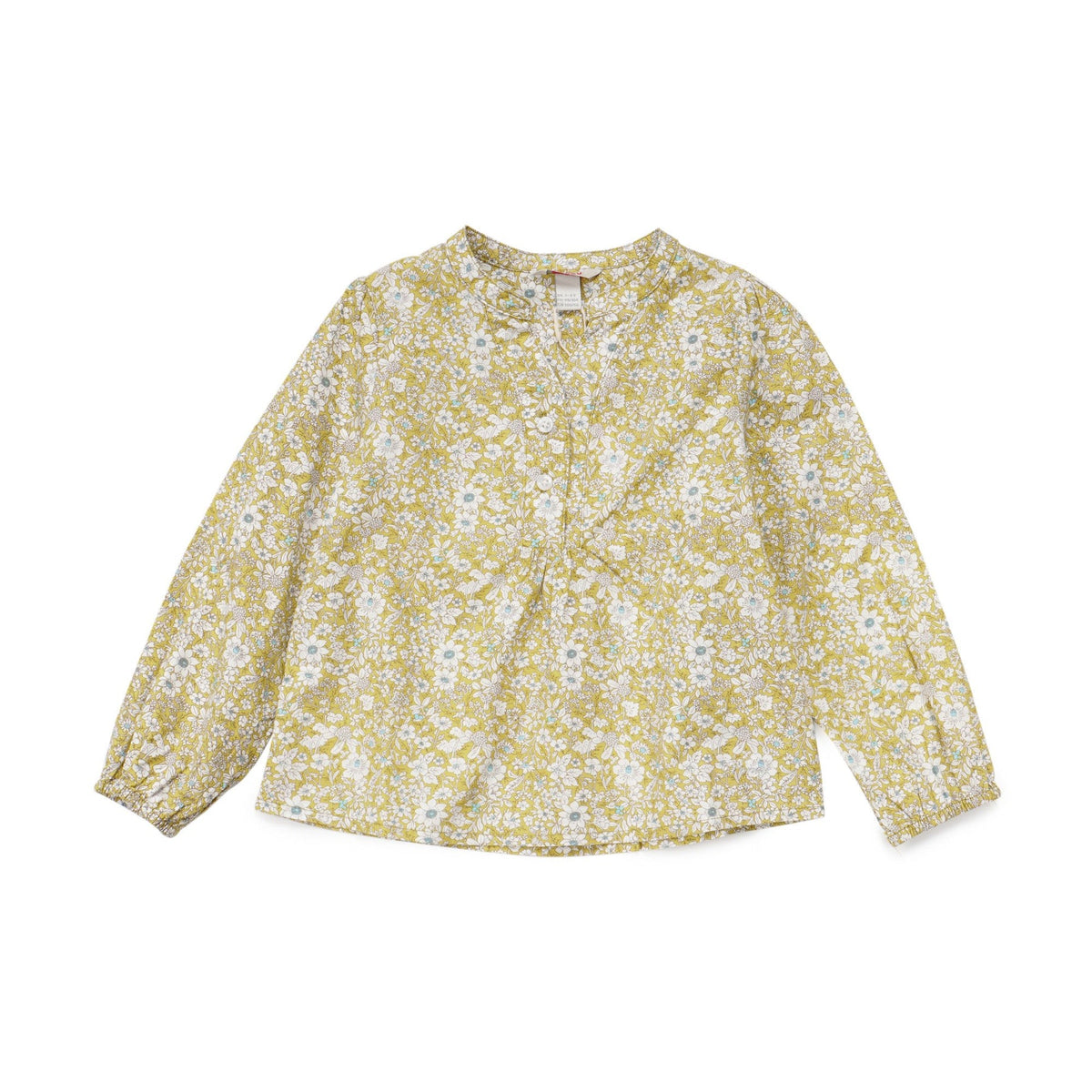 Floral printed blouse, stitched neck band, front buttoned strap beneath. Elasticated Cuffs. 