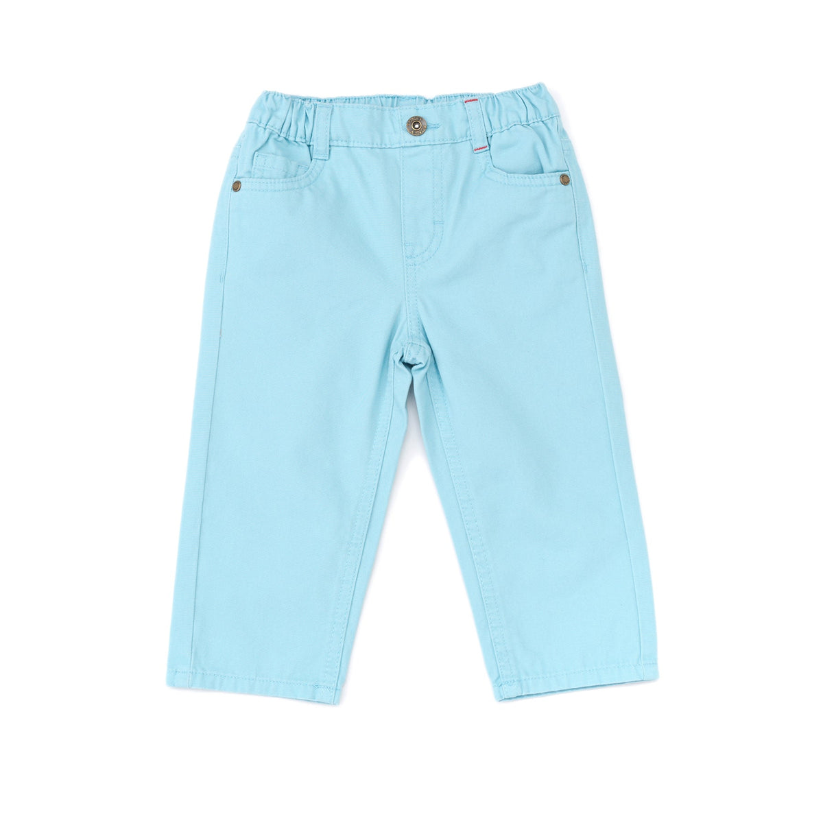 Pool Blue cropped pants, two front and back pockets. Adjustable button on the inner lining. Button and zipper front fastening. Poney logo embroidered