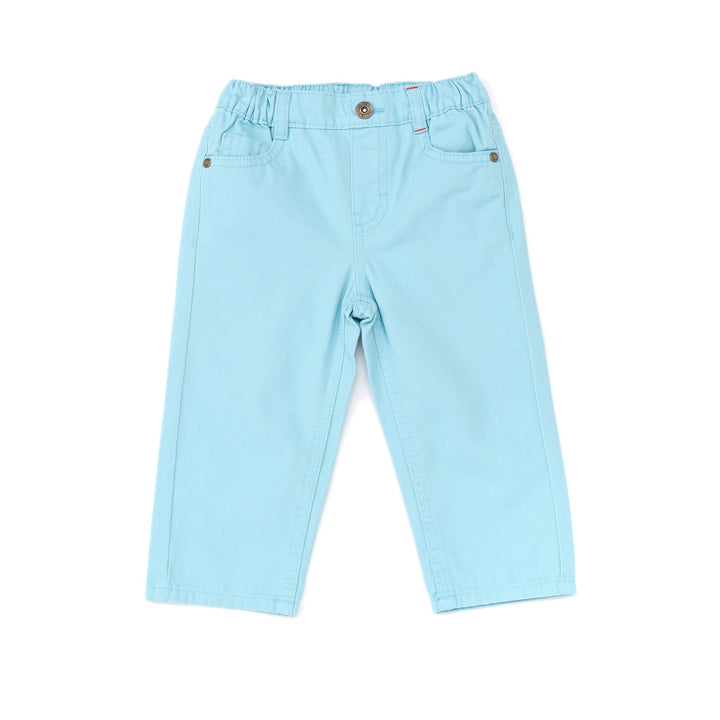 Pool Blue cropped pants, two front and back pockets. Adjustable button on the inner lining. Button and zipper front fastening. Poney logo embroidered