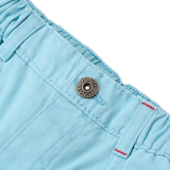 Pool Blue cropped pants, two front and back pockets. Adjustable button on the inner lining. Button and zipper front fastening. Poney logo embroidered