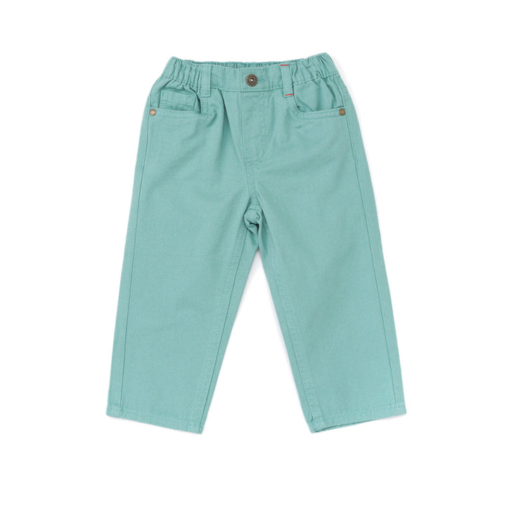 Elasticated sea green trouser, two front and back pockets, a poney logo, a buttoned pocket added at the back. Front button/ zipper fastening also included. 