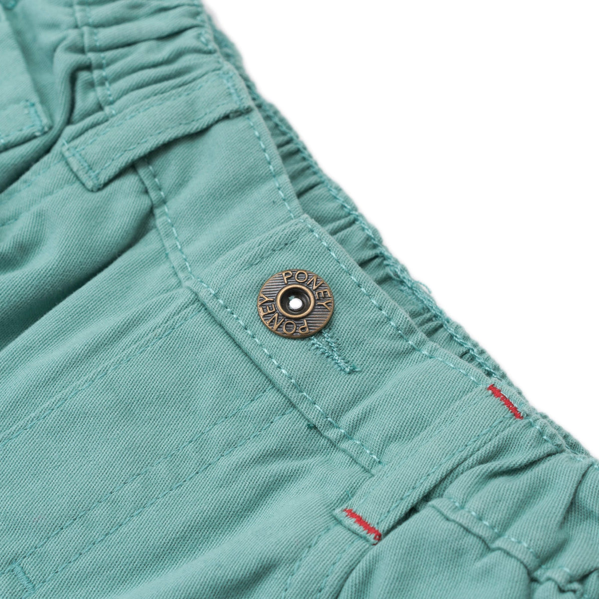 Elasticated sea green trouser, two front and back pockets, a poney logo, a buttoned pocket added at the back. Front button/ zipper fastening also included. 