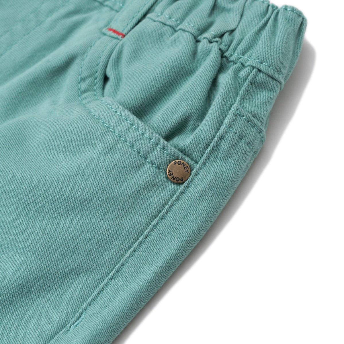 Elasticated sea green trouser, two front and back pockets, a poney logo, a buttoned pocket added at the back. Front button/ zipper fastening also included. 