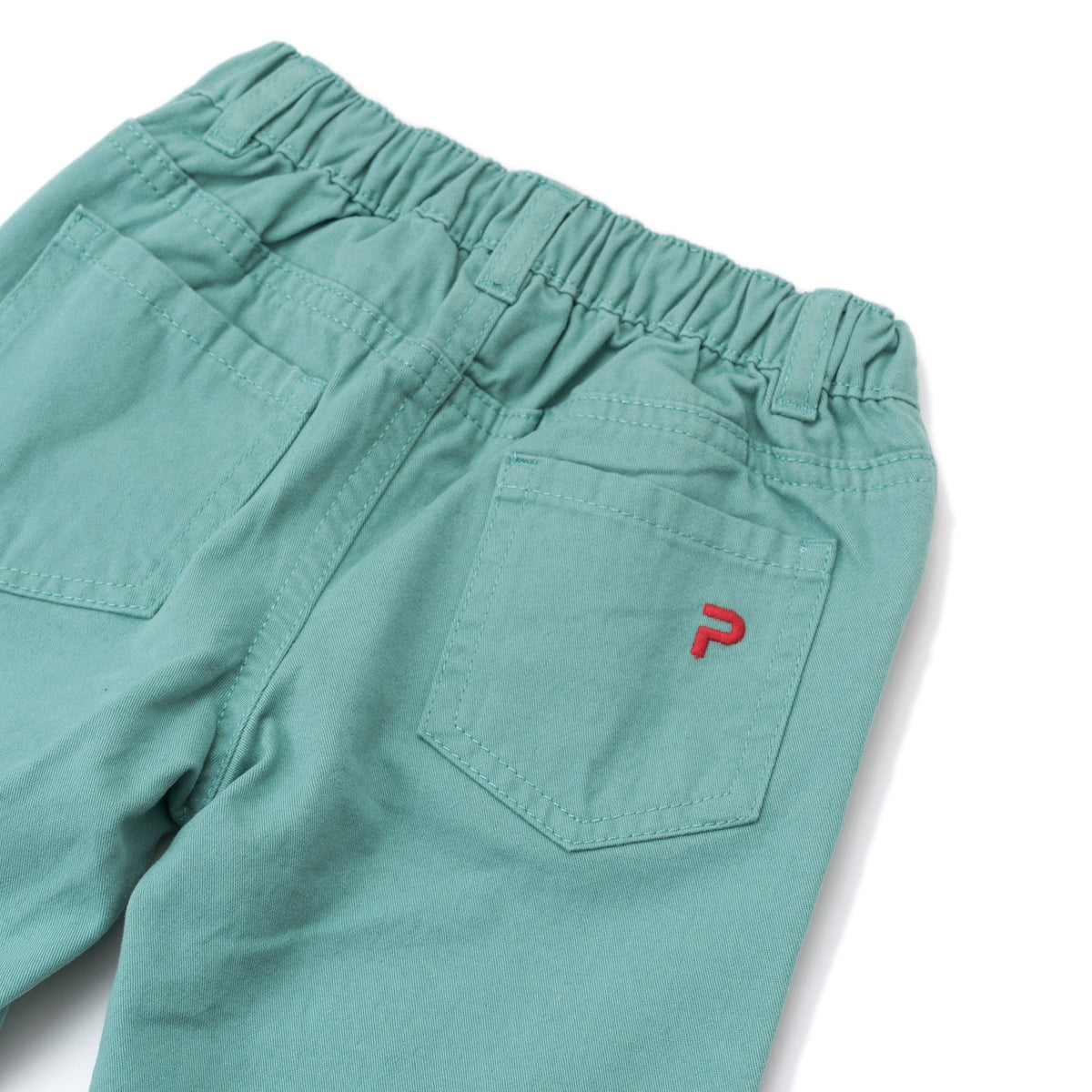 Elasticated sea green trouser, two front and back pockets, a poney logo, a buttoned pocket added at the back. Front button/ zipper fastening also included. 