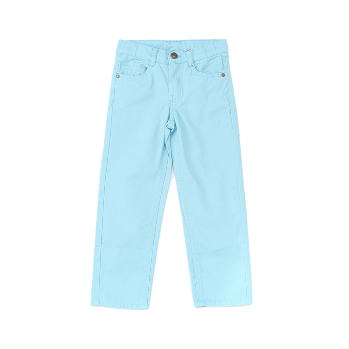 Pool Blue cropped pants, two front and back pockets. Adjustable button on the inner lining. Button and zipper front fastening. Poney logo embroidered