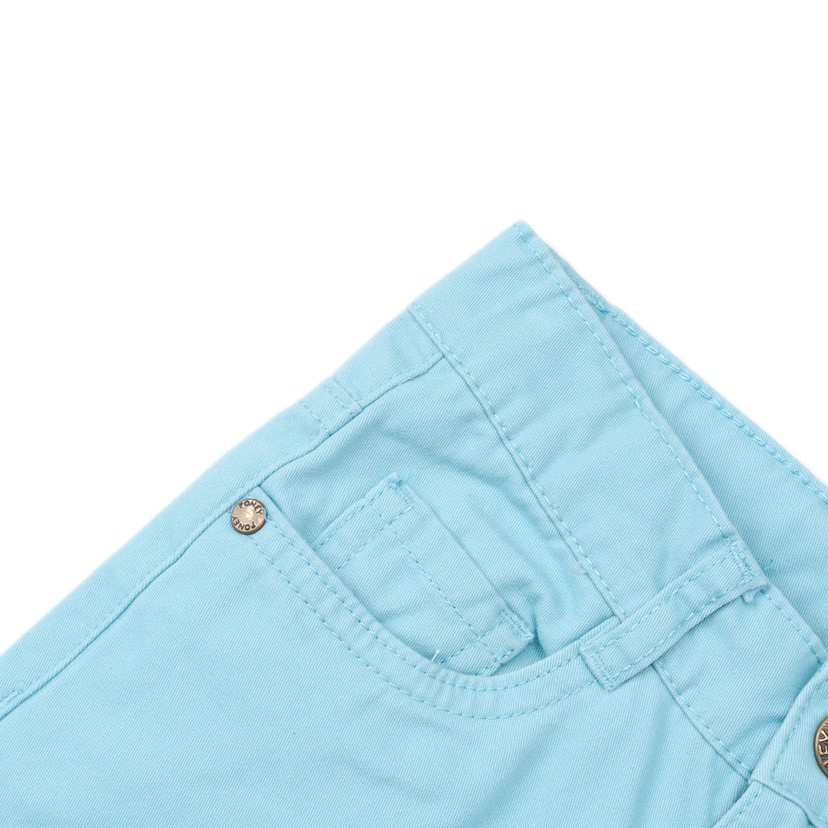 Pool Blue cropped pants, two front and back pockets. Adjustable button on the inner lining. Button and zipper front fastening. Poney logo embroidered
