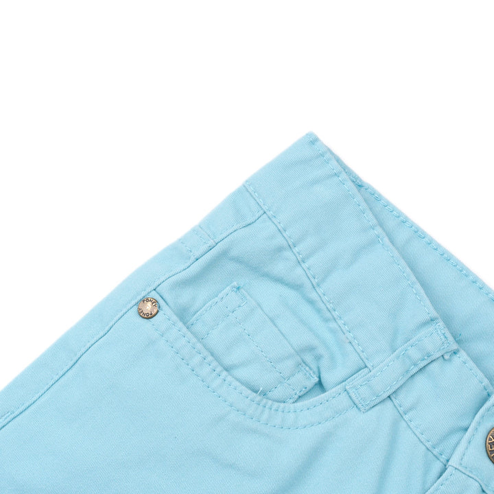 Pool Blue cropped pants, two front and back pockets. Adjustable button on the inner lining. Button and zipper front fastening. Poney logo embroidered