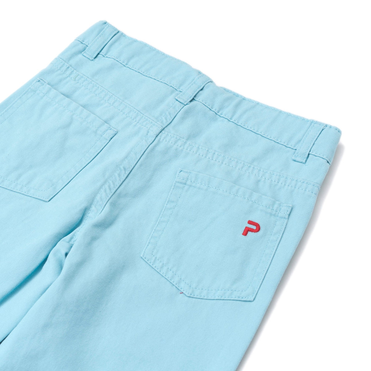 Pool Blue cropped pants, two front and back pockets. Adjustable button on the inner lining. Button and zipper front fastening. Poney logo embroidered