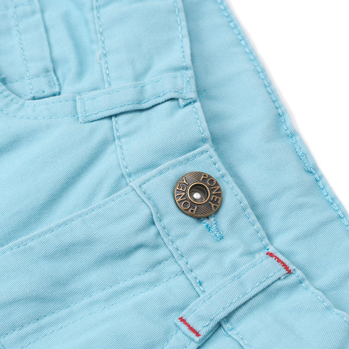 Pool Blue cropped pants, two front and back pockets. Adjustable button on the inner lining. Button and zipper front fastening. Poney logo embroidered