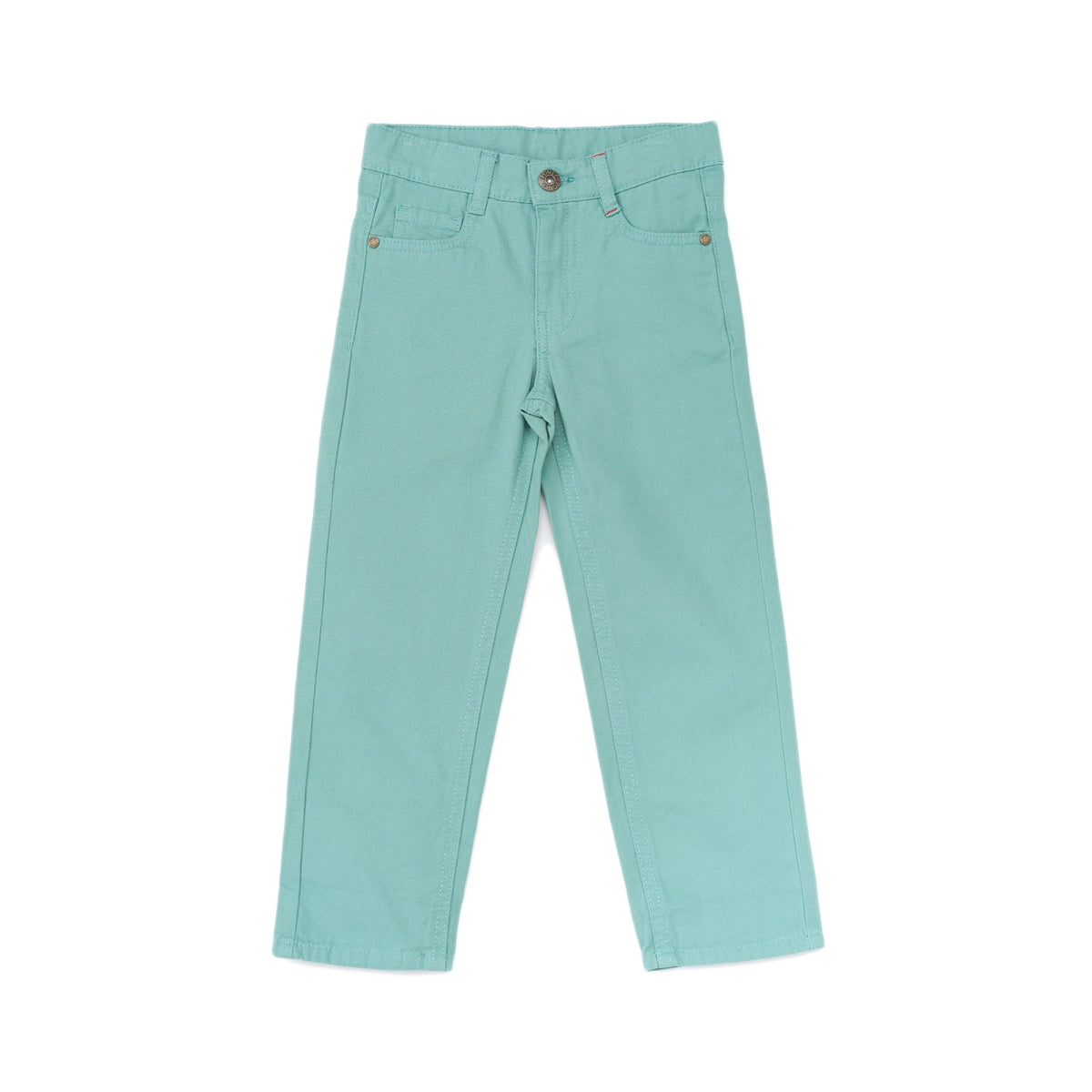 Elasticated sea green trouser, two front and back pockets, a poney logo, a buttoned pocket added at the back. Front button/ zipper fastening also included. 