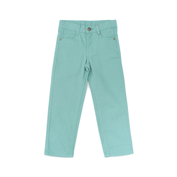 Elasticated sea green trouser, two front and back pockets, a poney logo, a buttoned pocket added at the back. Front button/ zipper fastening also included. 