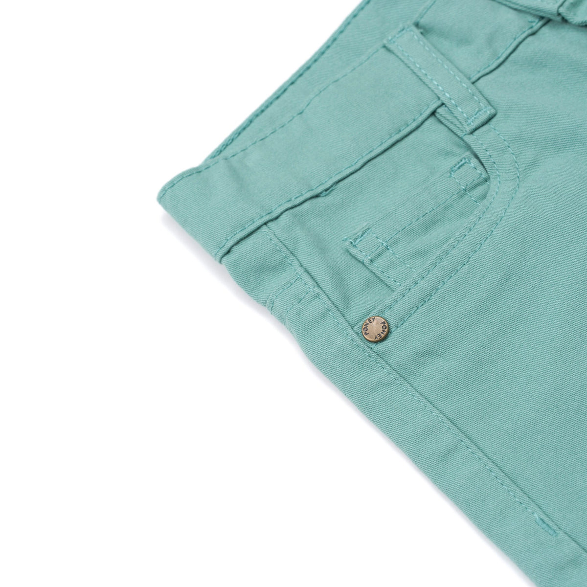Elasticated sea green trouser, two front and back pockets, a poney logo, a buttoned pocket added at the back. Front button/ zipper fastening also included. 