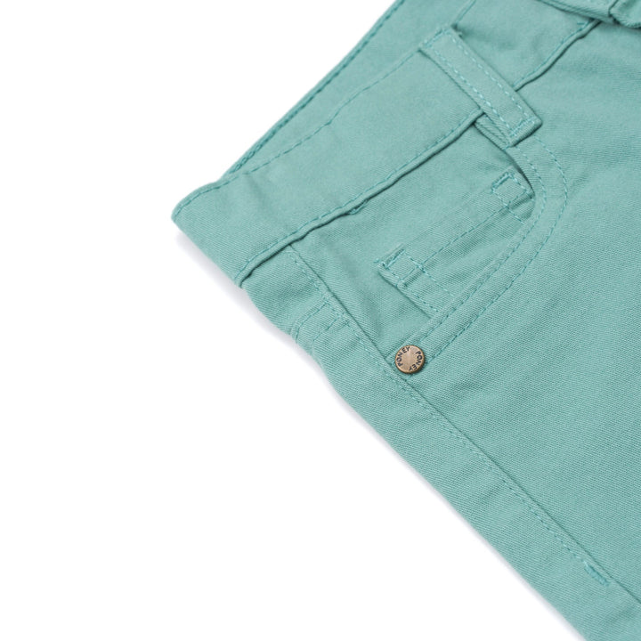 Elasticated sea green trouser, two front and back pockets, a poney logo, a buttoned pocket added at the back. Front button/ zipper fastening also included. 