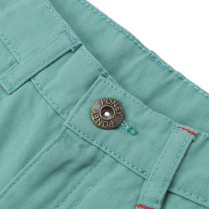 Elasticated sea green trouser, two front and back pockets, a poney logo, a buttoned pocket added at the back. Front button/ zipper fastening also included. 