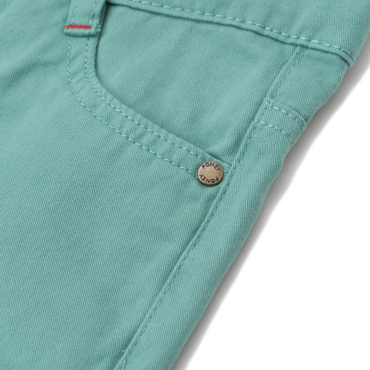 Elasticated sea green trouser, two front and back pockets, a poney logo, a buttoned pocket added at the back. Front button/ zipper fastening also included. 