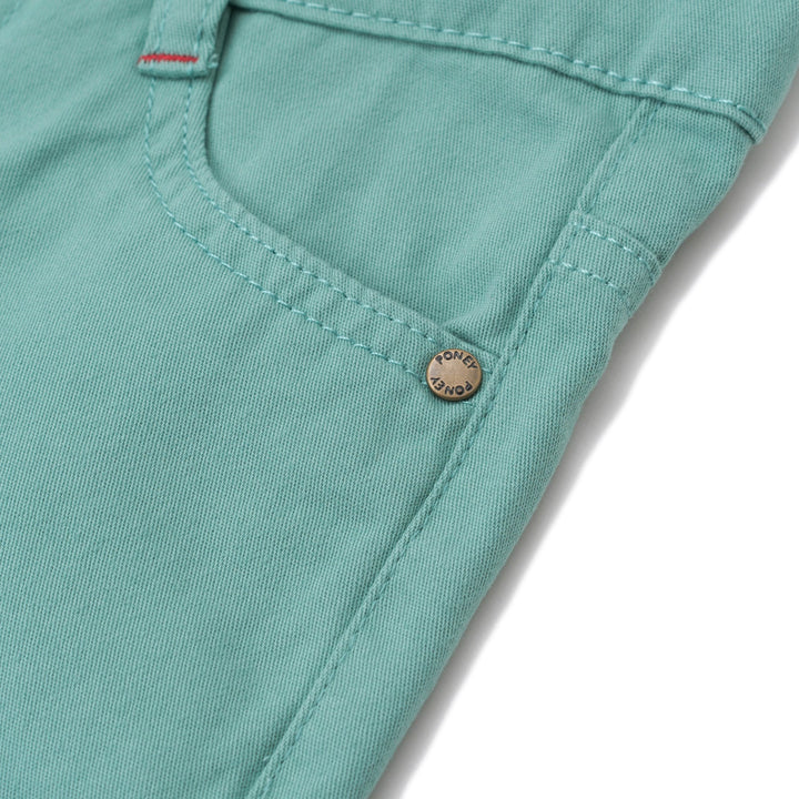 Elasticated sea green trouser, two front and back pockets, a poney logo, a buttoned pocket added at the back. Front button/ zipper fastening also included. 