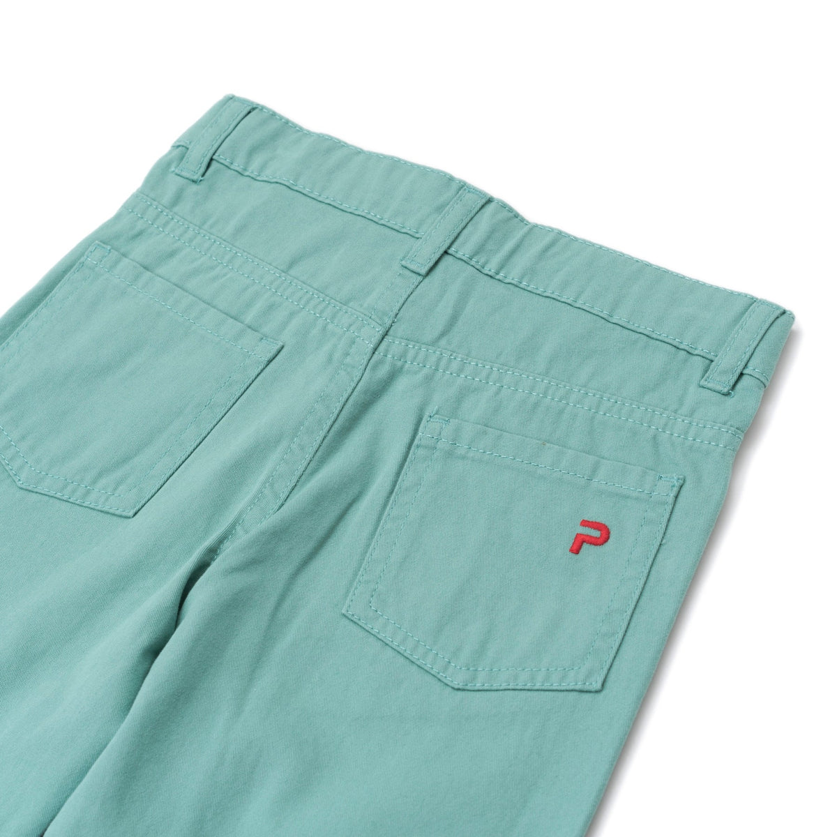Elasticated sea green trouser, two front and back pockets, a poney logo, a buttoned pocket added at the back. Front button/ zipper fastening also included. 