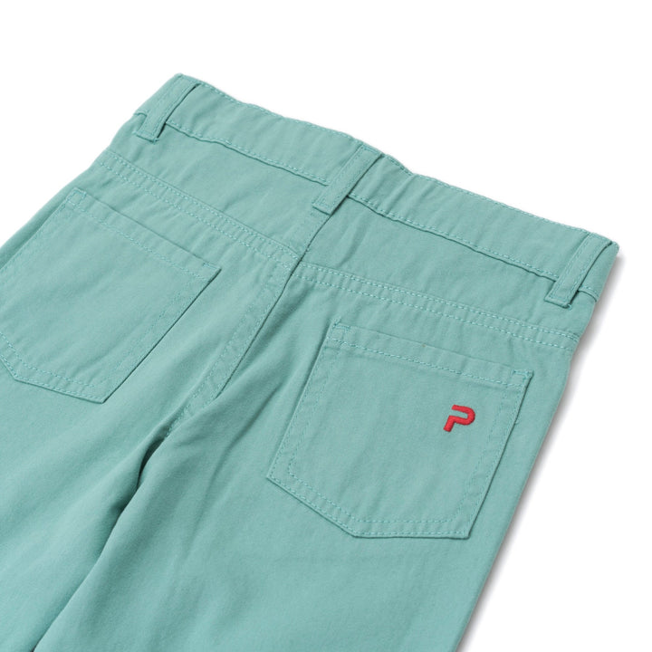 Elasticated sea green trouser, two front and back pockets, a poney logo, a buttoned pocket added at the back. Front button/ zipper fastening also included. 