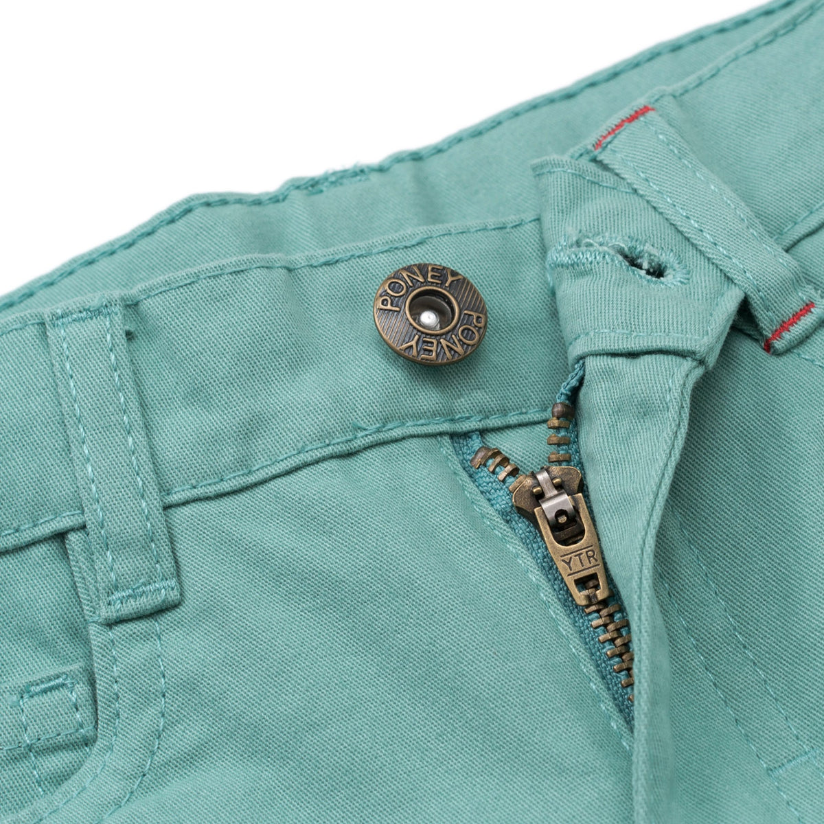Elasticated sea green trouser, two front and back pockets, a poney logo, a buttoned pocket added at the back. Front button/ zipper fastening also included. 