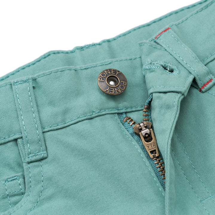 Elasticated sea green trouser, two front and back pockets, a poney logo, a buttoned pocket added at the back. Front button/ zipper fastening also included. 