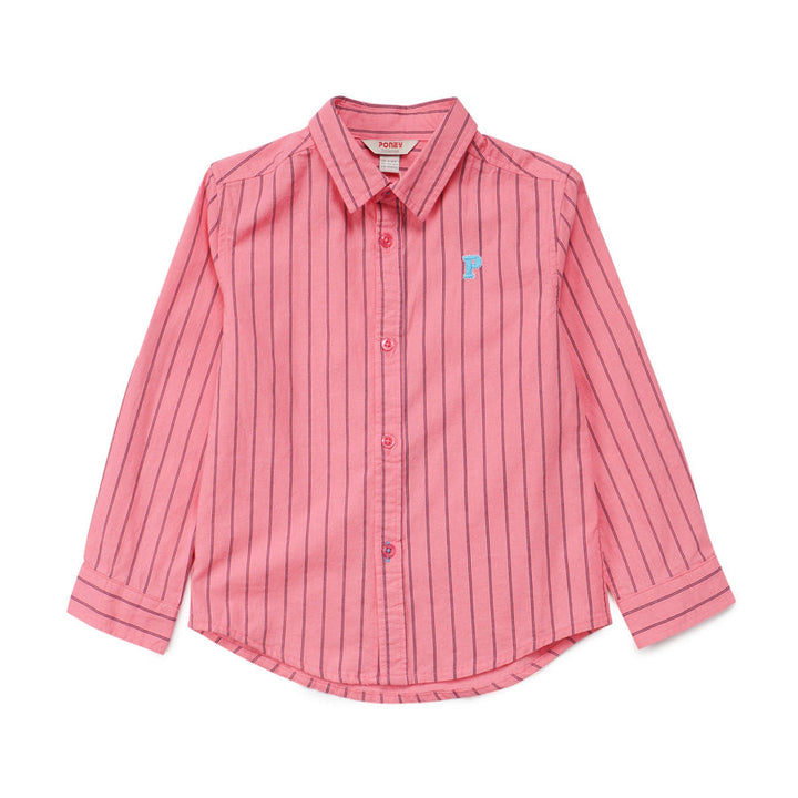 Striped long sleeve shirt, with a water melon shade, fastened by buttoned from the front. Embroidered blue logo included.