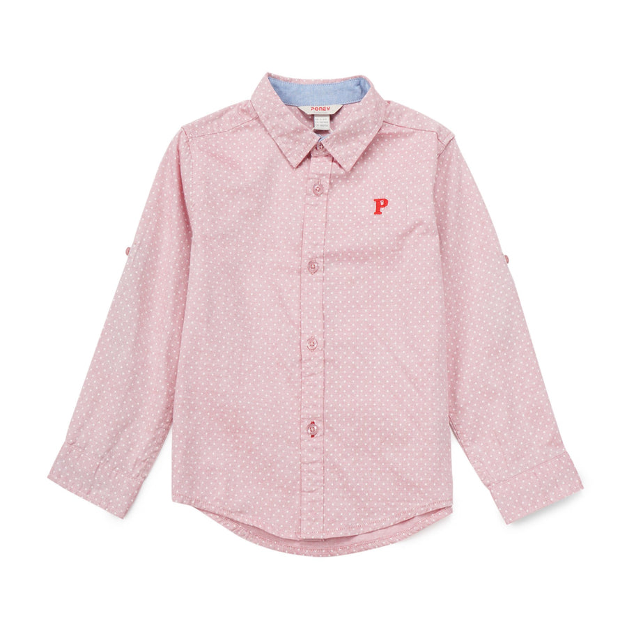 Collared, pink, dotted long sleeve shirt which is front buttoned and has a buttoned cuff aswell. 